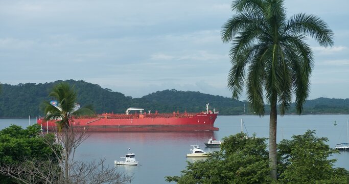 Container ship in Panama channel. Big container ship in a sluice gate in the Panama canal 