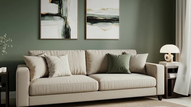 Cozy modern living room with neutral sofa and abstract wall art.