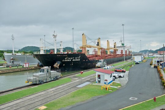 Panama Canal Cargo Ships. The Panama Canal MiraFlores Locks Panama City control building workers