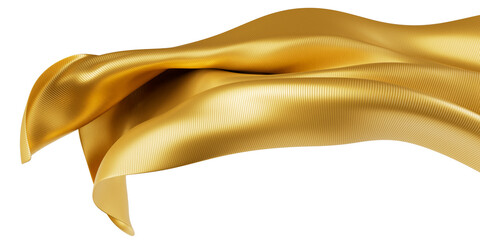 High-end gold fabric with refined self-stripe pattern flying in motion, transparent background with copy space, 3D render