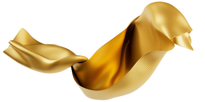 Floating luxury gold fabric with subtle self-stripe texture in dynamic motion, transparent background, 3D render
