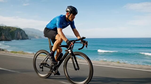 Cyclist enjoying a scenic ride along the coast on a beautiful day