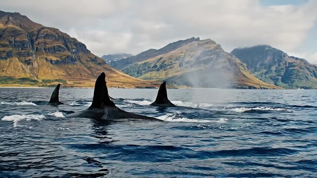 A pod of orcas surfaces together in the deep blue ocean near a majestic mountain range. These killer whales are swimming in a synchronized formation.