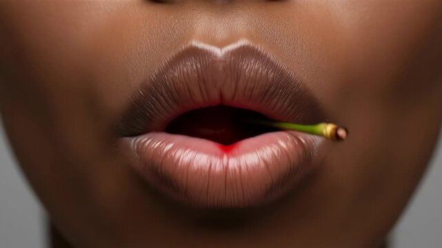 Plump dark lips holding cherry stem, sensual closeup mouth with glossy cherry and water droplets