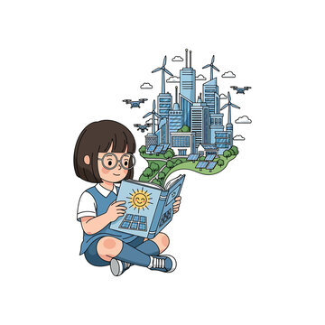 Girl sitting cross-legged reading book with green cityscape and renewable energy concept