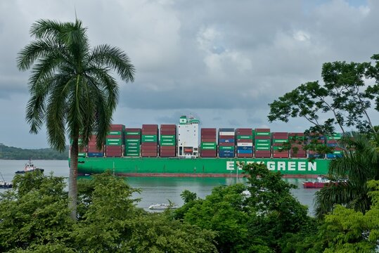 Container ship in Panama channel. Big container ship in a sluice gate in the Panama canal 