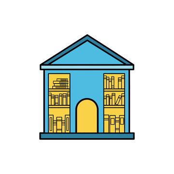 An illustration depicts a blue library building with yellow bookshelves and doorway visible.