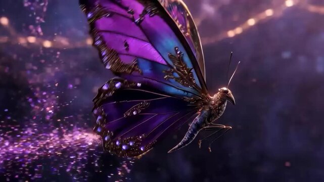 Mystical purple butterfly wing sparkle trail insect glowing with golden filigree dreamy mystical