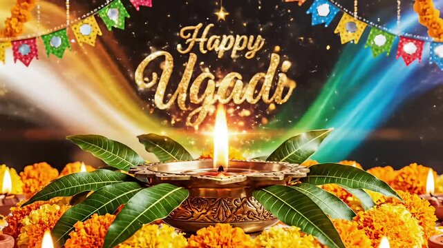 Traditional ugadi festival celebration video with diya lamp mango leaves marigold flowers festive decoration symbolizing hindu new year prosperity joy culture