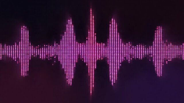 Sound wave visualization representing audio frequency and amplitude in a digital equalizer display with vibrant purple and pink tones