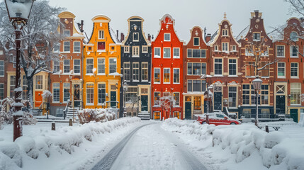 European colorful houses along winter snowy street, minimalist style flat art design landscape