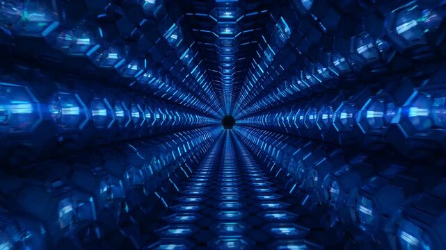 Hexagonal blue tunnel with futuristic design and a dark vanishing point perspective