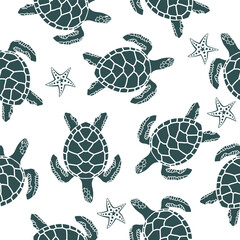 seamless pattern with sea turtles on white background
