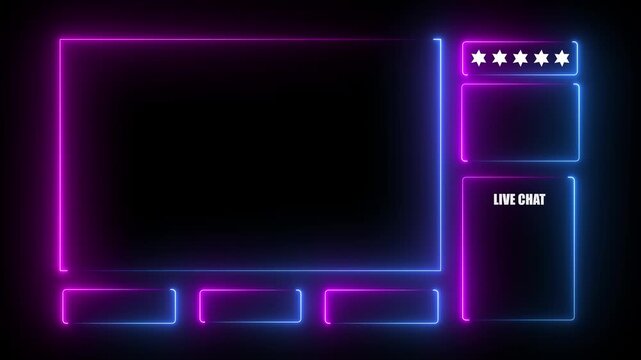 Neon glowing animated intermission stream overlay with hud facecam border, chat frame design for live broadcast visuals.HD motion graphics video.on a black backgraund.