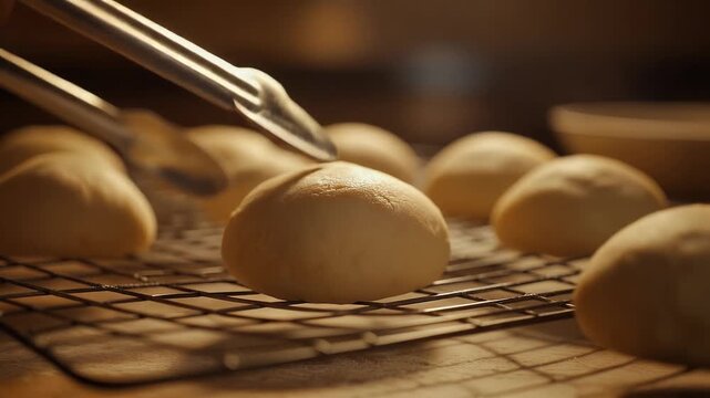 Fresh dough balls being placed on cooling rack with tongs, bakery preparation close-up