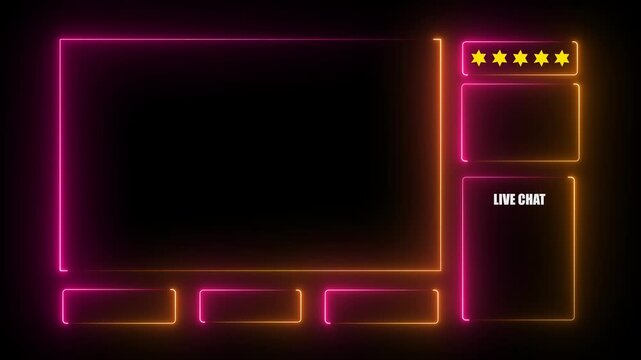 Neon glowing animated intermission stream overlay with hud facecam border, chat frame design for live broadcast visuals.HD motion graphics video.on a black backgraund.