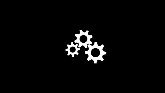 3 white gears spinning. Group of gears. Alpha channel. Gears rotating animation. cogwheel gear icon logotype rotating animation.4K video animation.