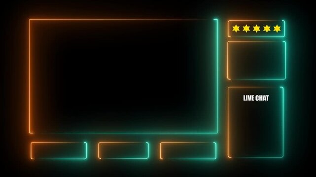 Neon glowing animated intermission stream overlay with hud facecam border, chat frame design for live broadcast visuals.HD motion graphics video.on a black backgraund.
