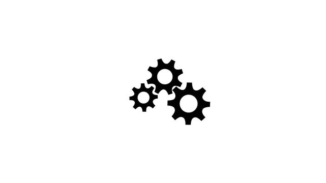 3 white gears spinning. Group of gears. Alpha channel. Gears rotating animation. cogwheel gear icon logotype rotating animation.4K video animation.