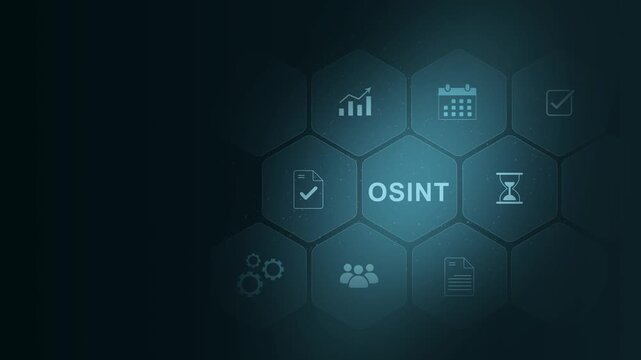 OSINT Open Source Intelligence Hexagonal Infographic with with gears Background OSINT data analysis. digital interface on cyan color background