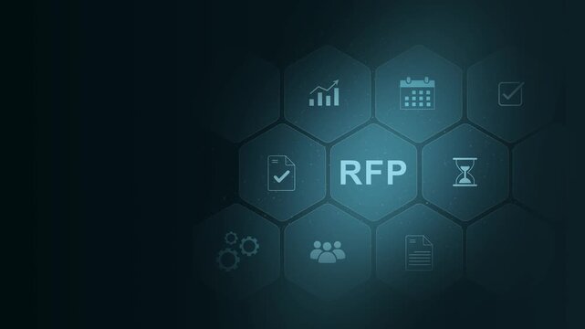 Request For Proposal RFP Business Strategy Concept with Icons .digital interface on cyan color background