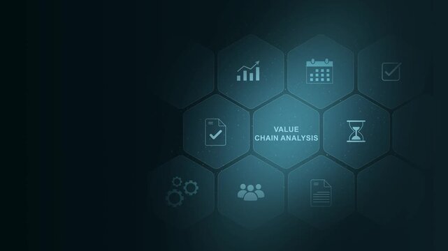 Value chain analysis displayed on a futuristic blue and technology interface, Business, Internet and network concept data transfer to multi devices. digital interface on cyan color background