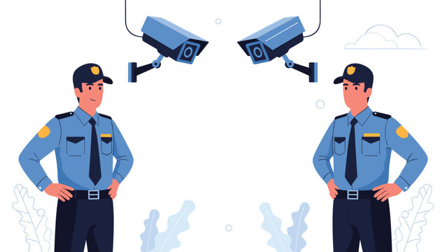 Two professional security guards standing in uniform with surveillance cameras above them, ensuring safety and monitoring.
