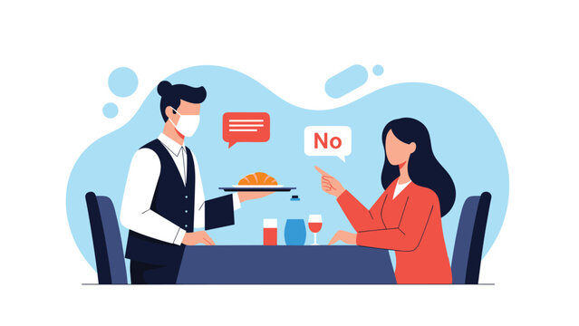 Waiter wearing a face mask serving food to a customer who politely refuses the offer during a restaurant dining experience.