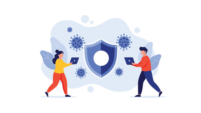 Cybersecurity experts using laptops to defend a digital network shield against harmful computer viruses and malware threats.