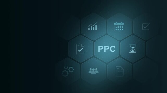 PPC Pay per click payment. Technology digital marketing. Modern Business Technology, Internet and social media icons. digital interface on cyan color background
