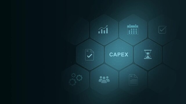 CAPEX Capital expenditures concept. Investments made by a business in assets or infrastructure to generate future benefits with icons of office, digital interface on cyan color background