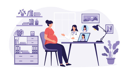 Fototapeta premium Pregnant woman sitting in an office having a consultation with her doctor and other specialists via a laptop video conference call.