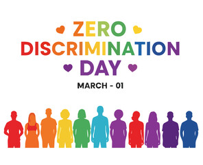 Graphic celebrating zero discrimination day on march 1st featuring colorful silhouettes of diverse children standing together against a white background promoting equality.