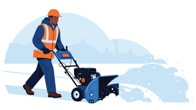 Maintenance worker wearing a bright safety vest and orange helmet operates a blue snow blower to clear a path during a cold winter day.