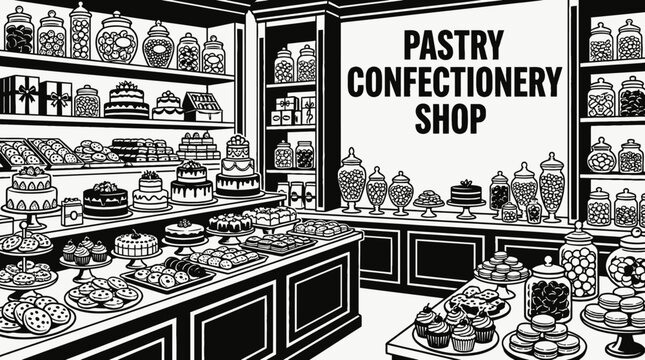 confectionery food shop interior store counter shelf cake candy display customer retail market product commerce business design vector illustration