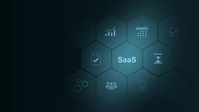 Software as a Service SaaS. Software concept. Business, modern technology, SaaS (Software as a Service) is a cloud-based software delivery model. digital interface on cyan color background
