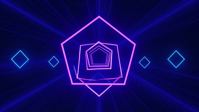 Neon pentagon tunnel on dark background with laser light beams