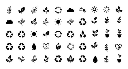 Fototapeta premium Green energy and recycling icons, environmental conservation vector elements