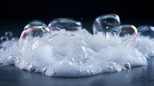 Magnificent closeup view of iridescent soap bubbles and foam against dark background