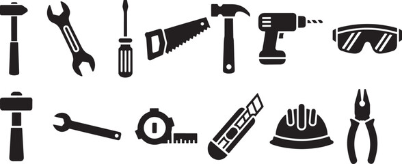 Fototapeta premium Construction Tools Icon Set – Hammer, Wrench, Saw, Drill, Goggles, Screwdriver, Tape, Hard Hat, Repair Equipment