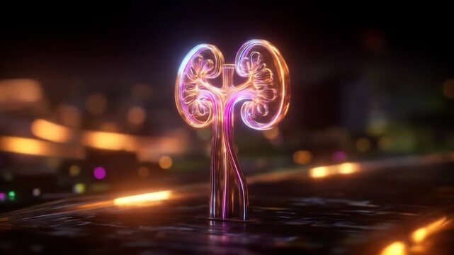 Glowing neon illustration of human kidneys on dark background with blurred lights, showcasing anatomy, healthcare, and medical technology concepts