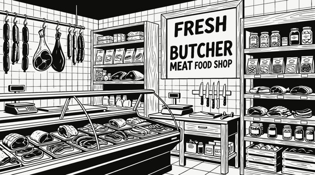 butcher meat food shop interior store counter shelf fresh display customer retail market product commerce business design vector illustration