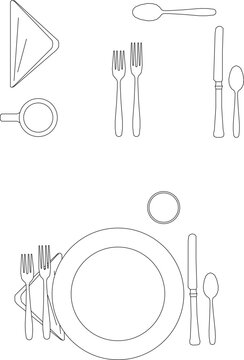 Top view icons of elegant table settings, including plates, cutlery, napkins, and glassware for restaurant floor planning.