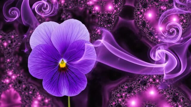 Close-up of a purple pansy with glowing fractal swirls and ethereal sparkles.