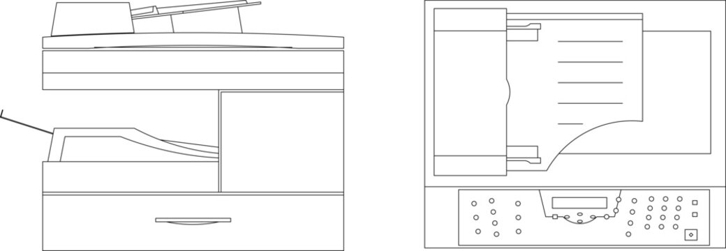 Office printer and photocopier machine icons in top and side view, perfect for professional workspace floor plan layouts.