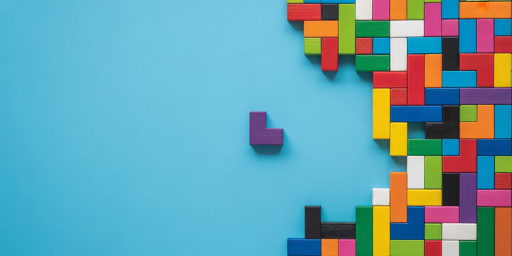 A single purple block standing out from a crowd of colorful blocks