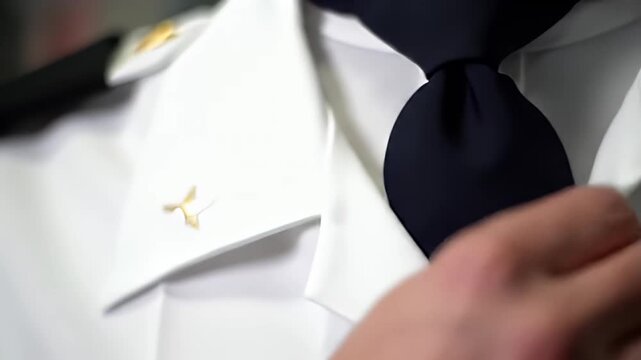Close-up of a police officer fastening his tie and uniform shirt symbolizing duty professionalism and dedication to law enforcement in a dark setting