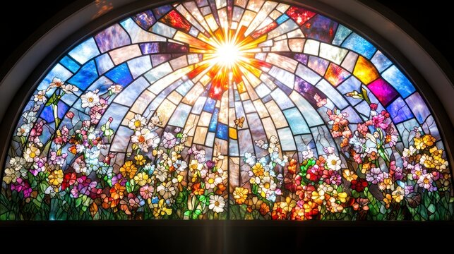 Radiant sunburst shines through a colorful floral stained glass window.