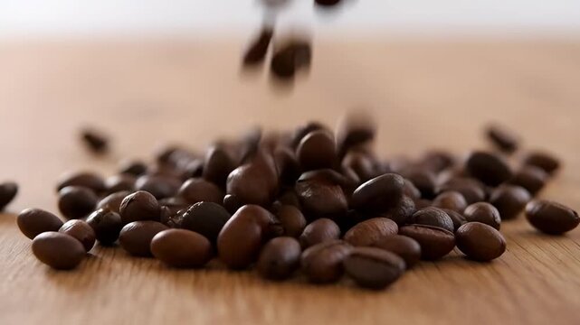 Roasted coffee beans falling onto a wooden surface, rich and aromatic experience