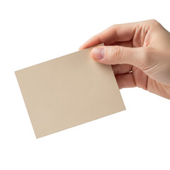 A hand holding a blank beige card on a white background isolated on transparent background